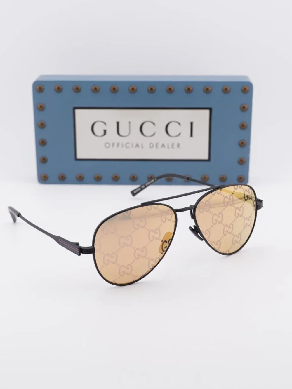 Gucci GG1874S 005 Aviator Sunglasses - Black\ Orange Mirror with GG Pattern